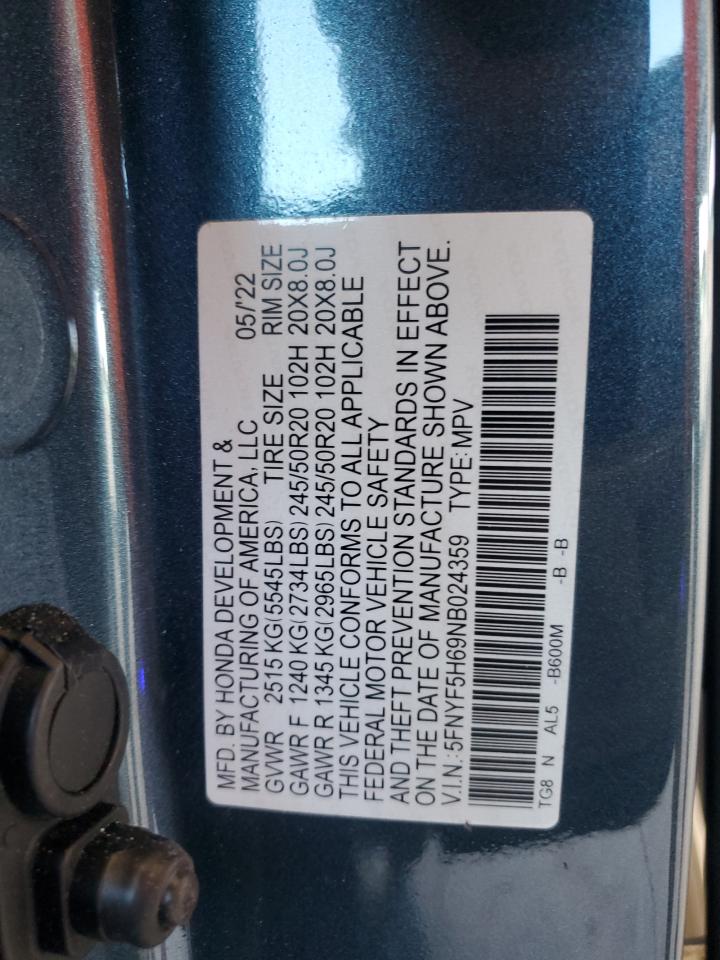 2022 Honda Pilot Touring VIN: 5FNYF5H69NB024359 Lot: 89785295