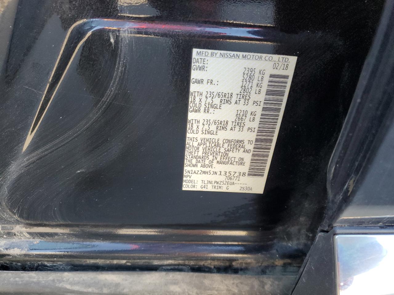 2018 Nissan Murano S VIN: 5N1AZ2MH5JN135738 Lot: 90031995