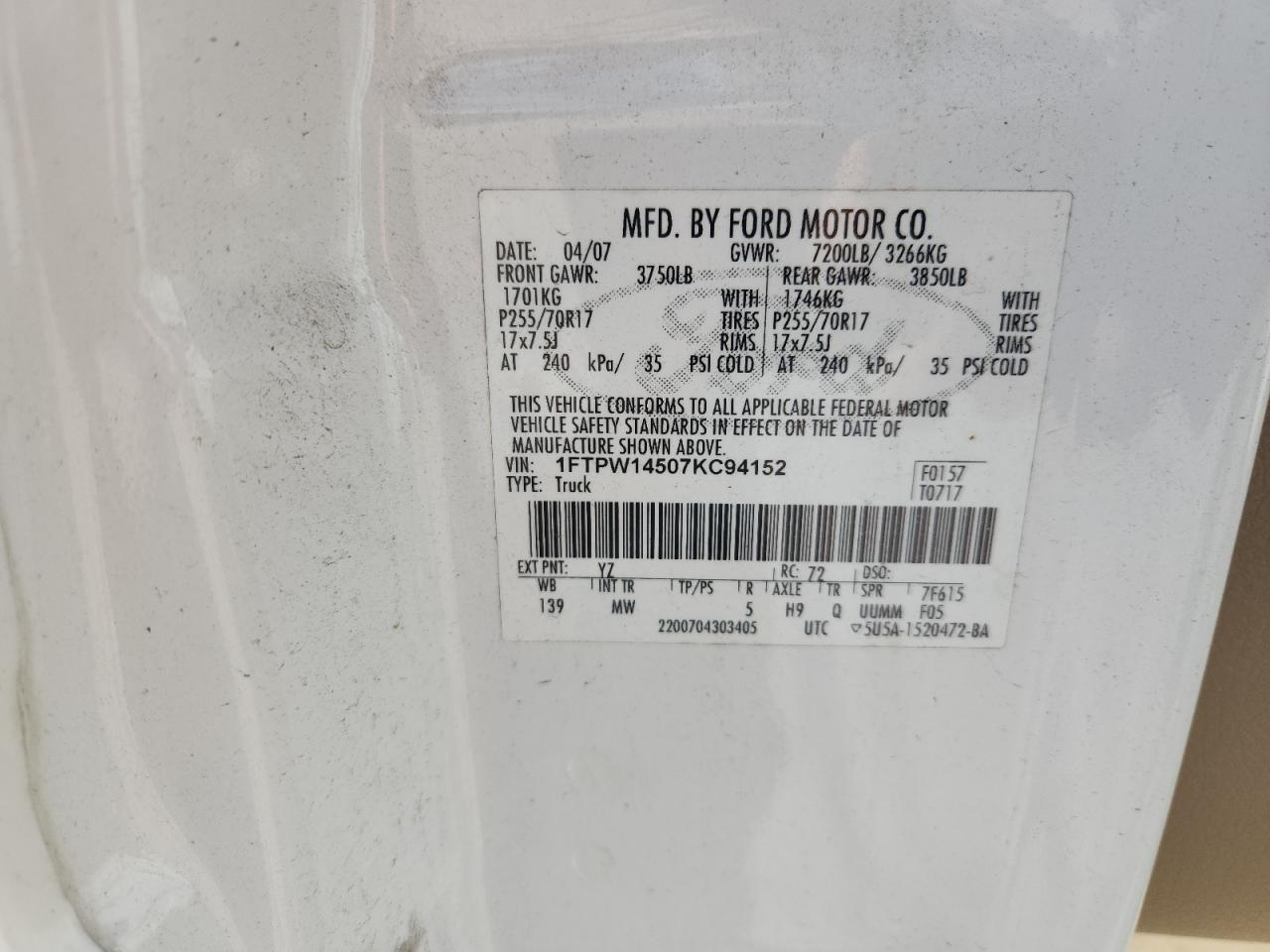 2007 Ford F150 Supercrew VIN: 1FTPW14507KC94152 Lot: 89518785