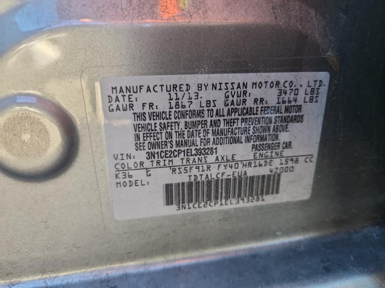 2014 Nissan Versa Note S VIN: 3N1CE2CP1EL393281 Lot: 81912255