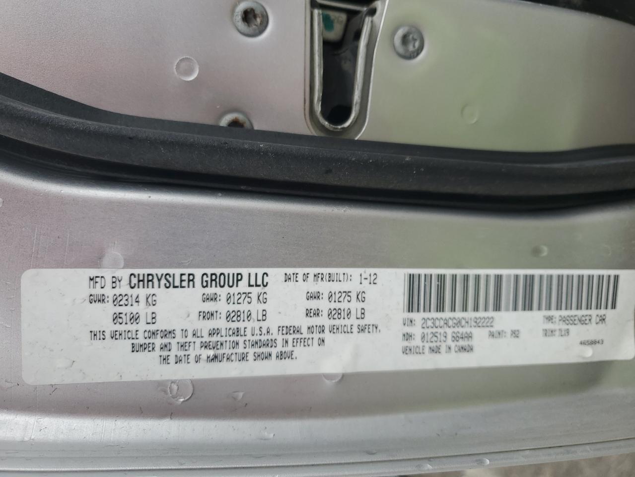 2012 Chrysler 300 Limited VIN: 2C3CCACG0CH192222 Lot: 86703155