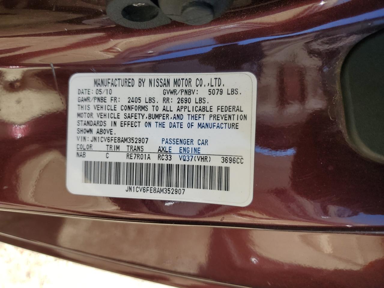 2010 Infiniti G37 Base VIN: JN1CV6FE8AM352907 Lot: 82565525