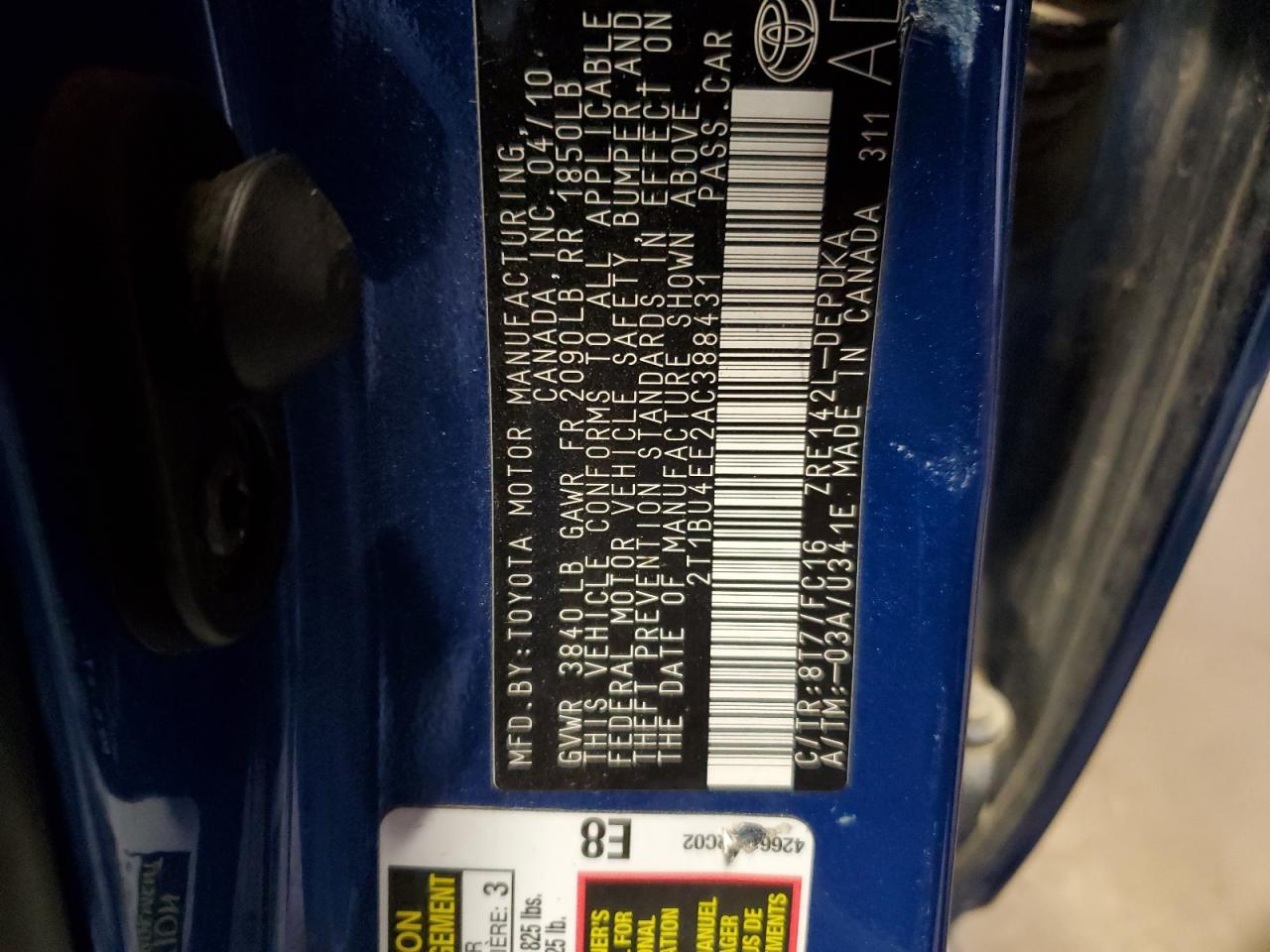 2010 Toyota Corolla Base VIN: 2T1BU4EE2AC388431 Lot: 82342455