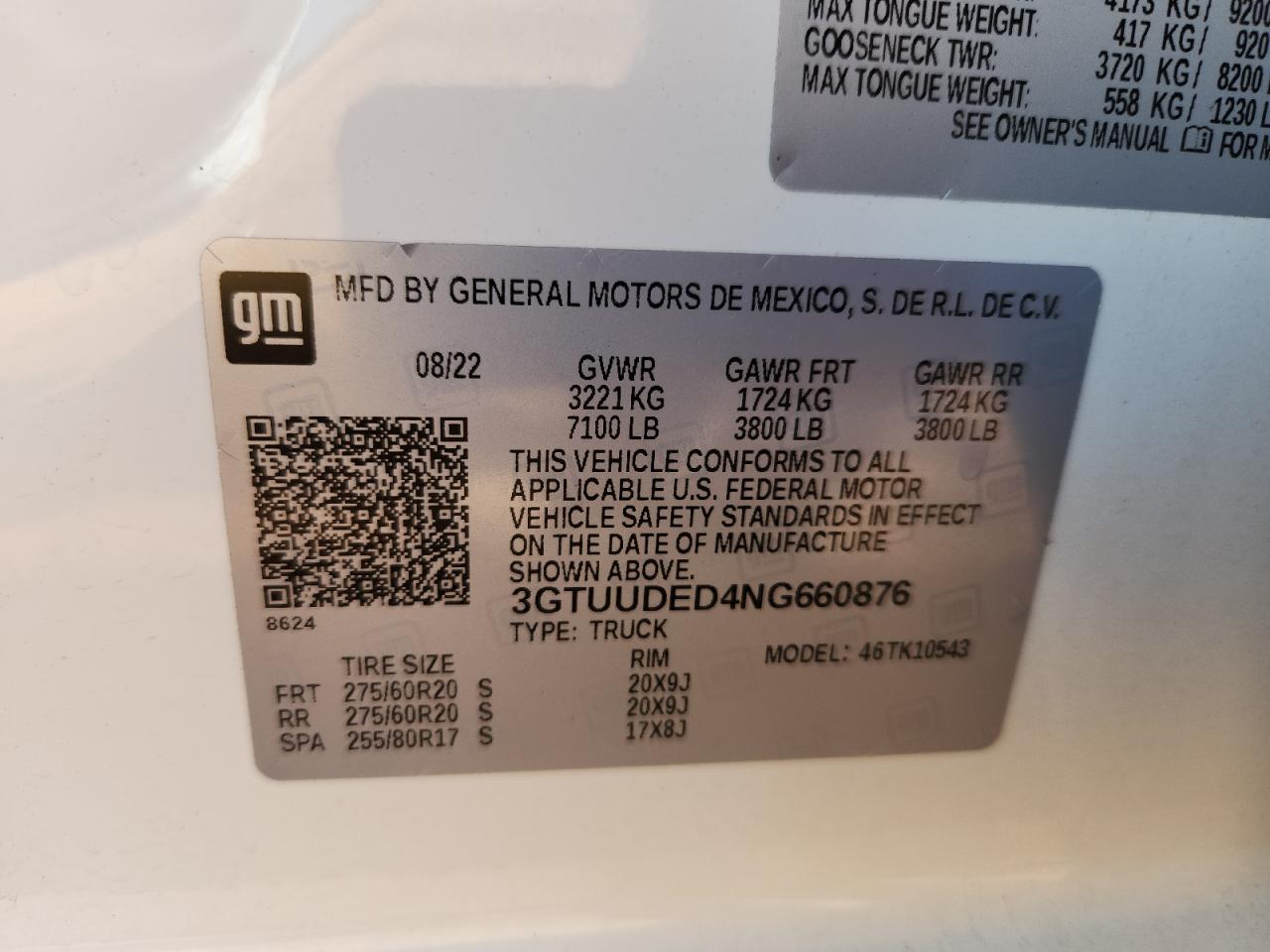 2022 GMC Sierra K1500 Slt VIN: 3GTUUDED4NG660876 Lot: 86175635