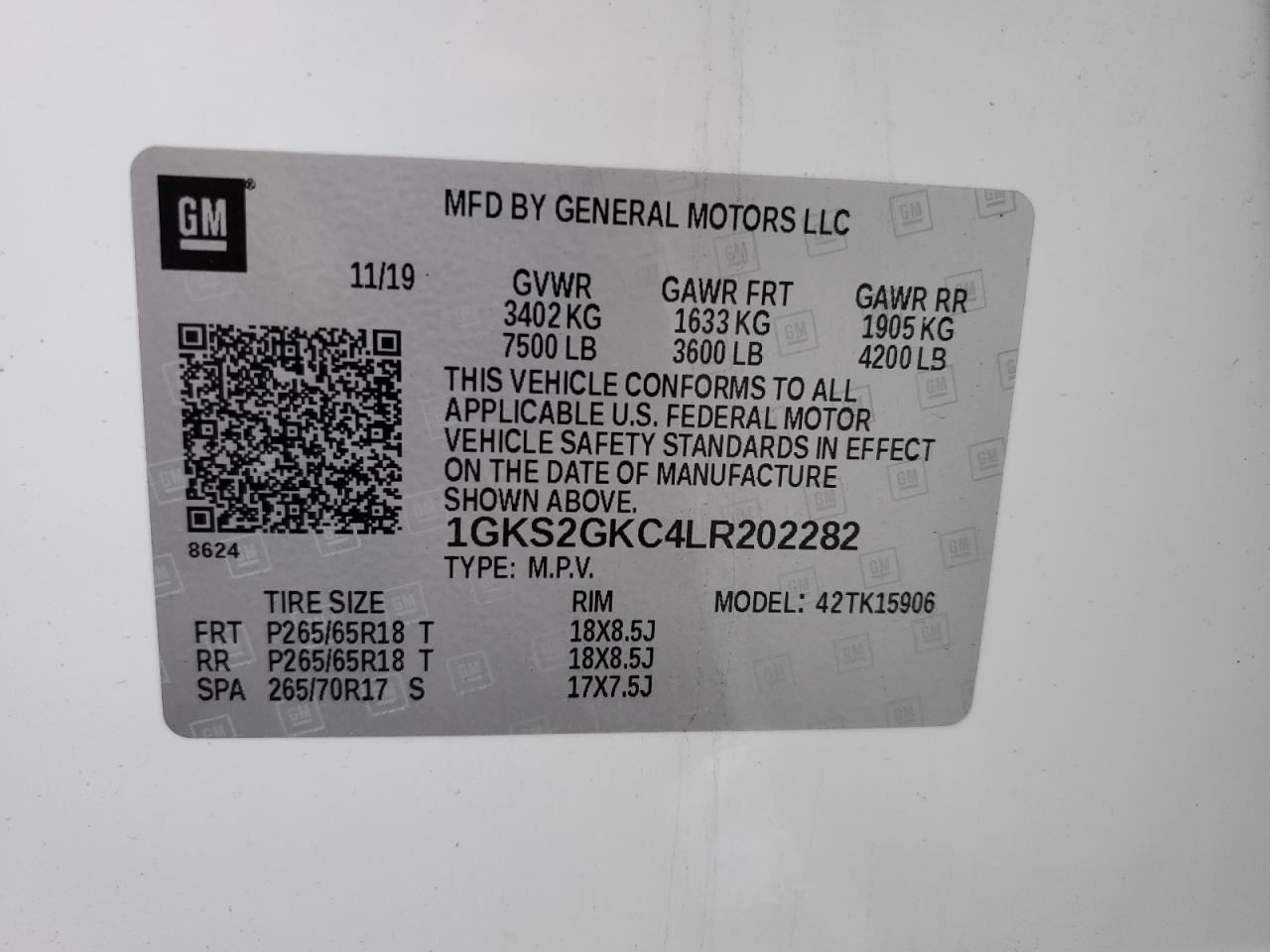 2020 GMC Yukon Xl K1500 Slt VIN: 1GKS2GKC4LR202282 Lot: 90920835
