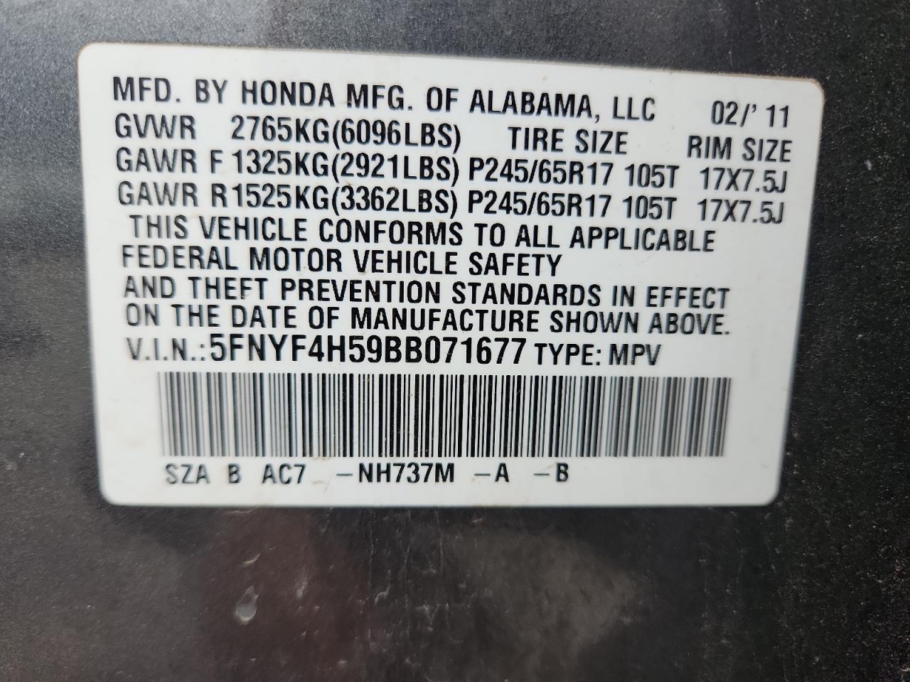 2011 Honda Pilot Exl VIN: 5FNYF4H59BB071677 Lot: 82278535