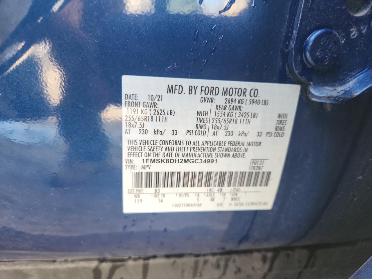 2021 Ford Explorer Xlt VIN: 1FMSK8DH2MGC34991 Lot: 82393155