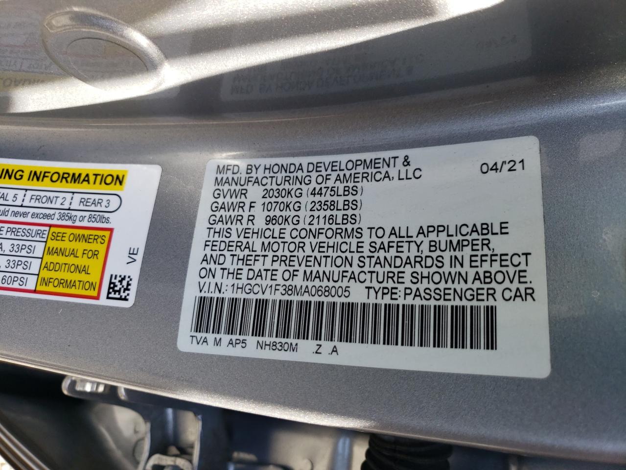 2021 Honda Accord Sport VIN: 1HGCV1F38MA068005 Lot: 84834395