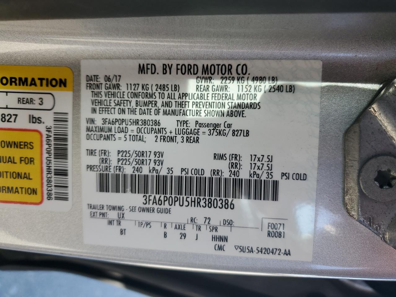 2017 Ford Fusion Se Phev VIN: 3FA6P0PU5HR380386 Lot: 86100295