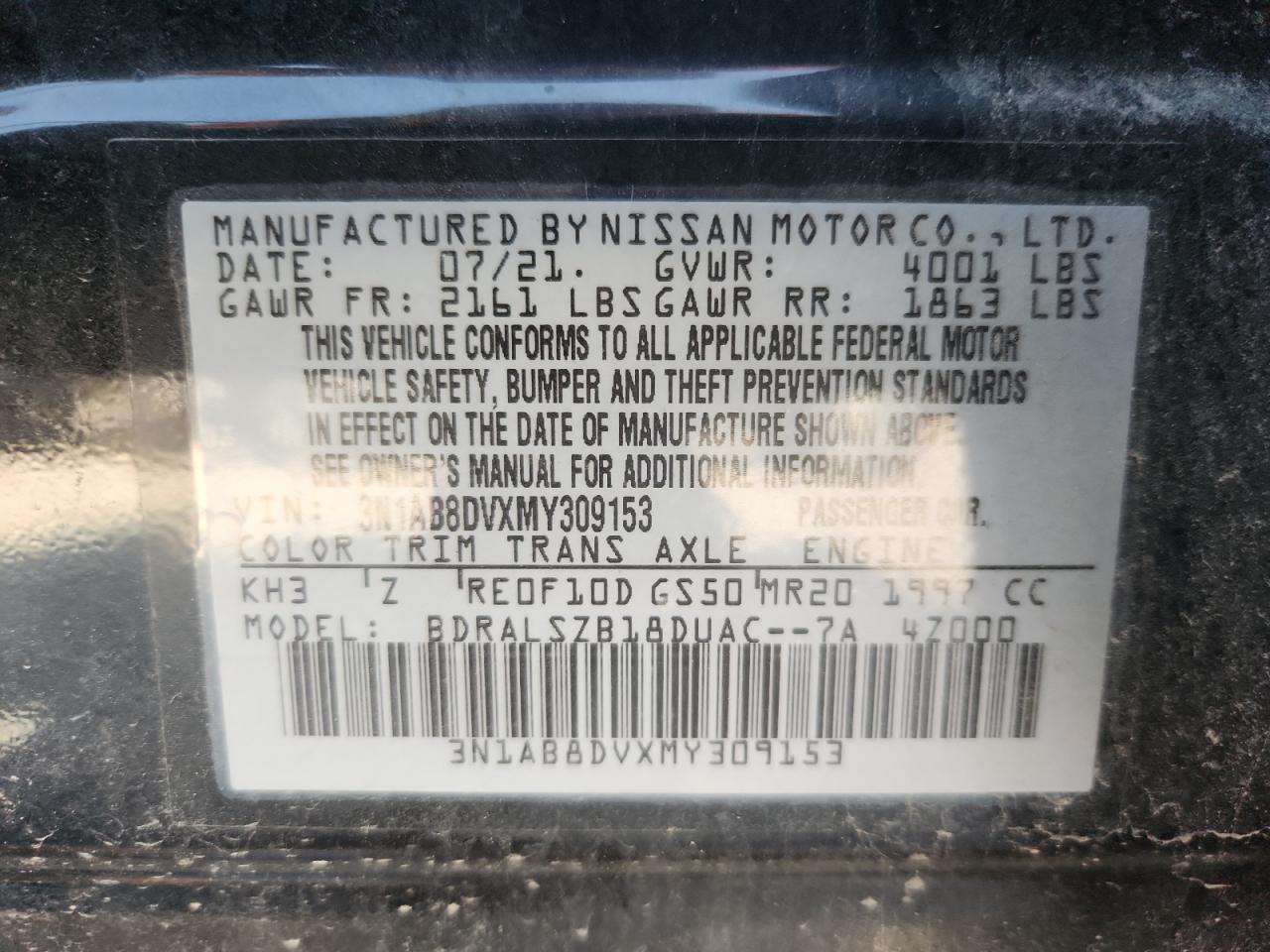 2021 Nissan Sentra Sr VIN: 3N1AB8DVXMY309153 Lot: 84635165