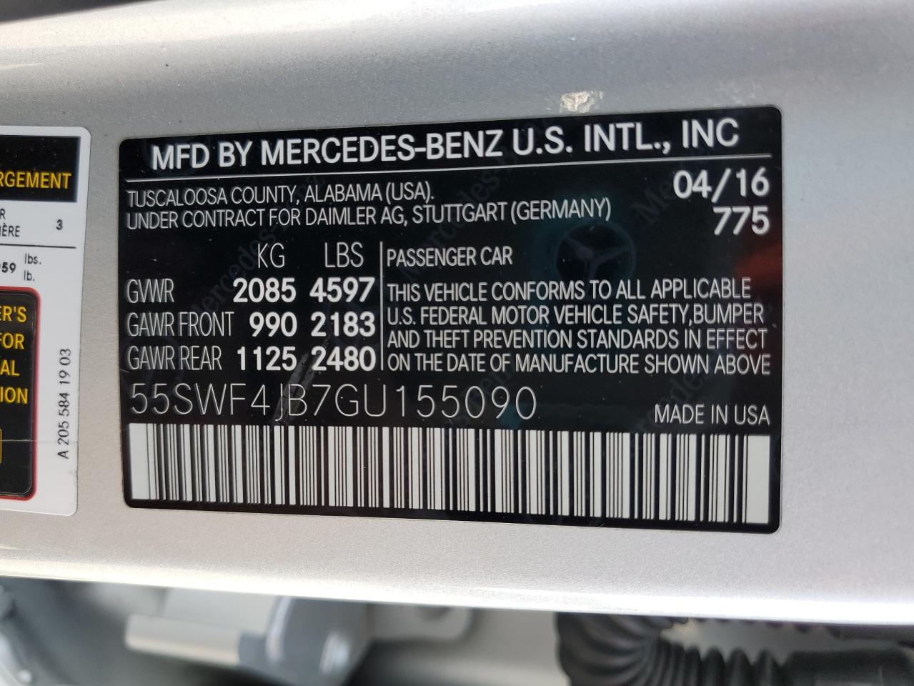 2016 Mercedes-Benz C 300 VIN: 55SWF4JB7GU155090 Lot: 85754185