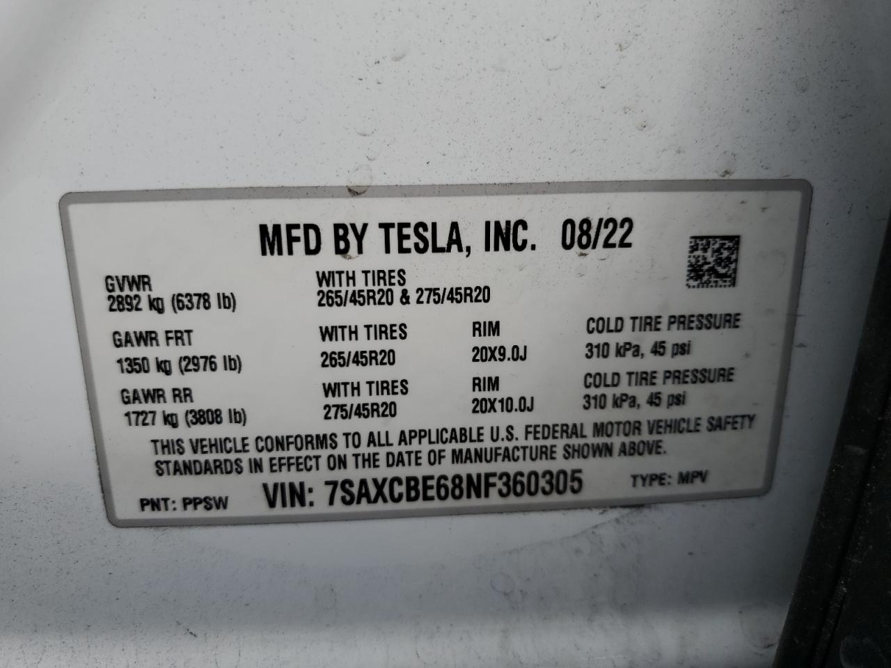 2022 Tesla Model X VIN: 7SAXCBE68NF360305 Lot: 84538655