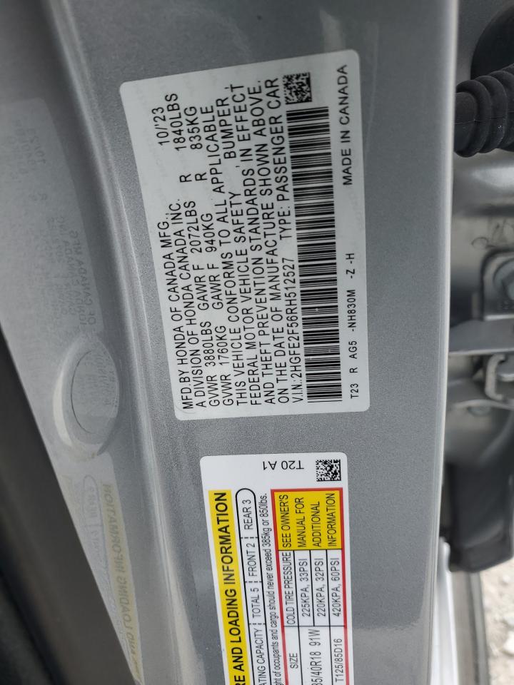 2024 Honda Civic Sport VIN: 2HGFE2F56RH512527 Lot: 85754055