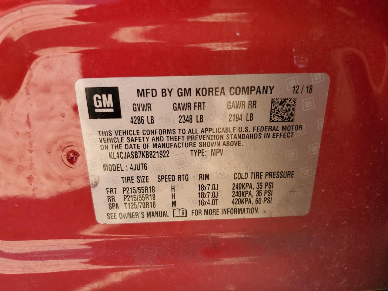 2019 Buick Encore Preferred VIN: KL4CJASB7KB821922 Lot: 86678875