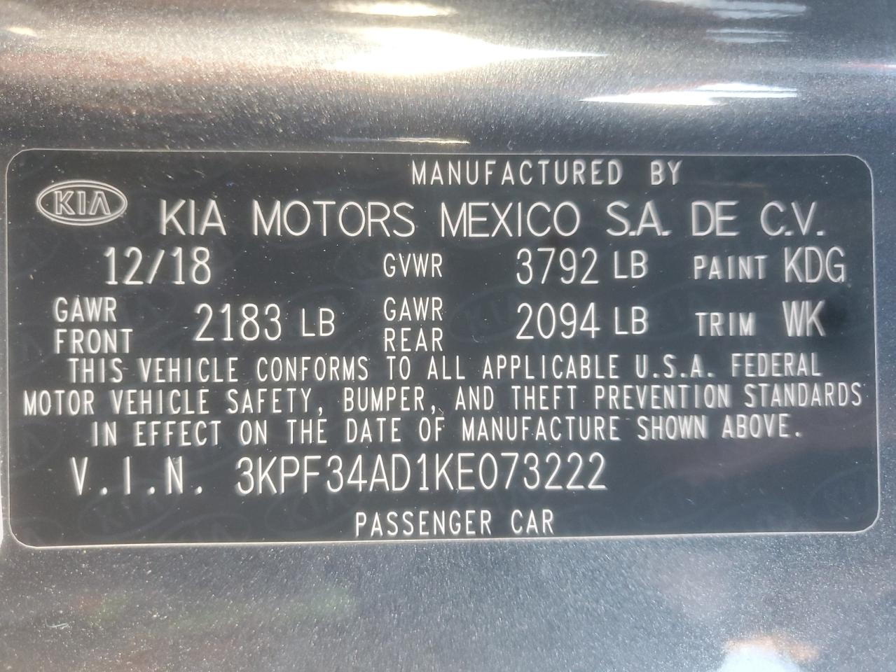 2019 Kia Forte Gt Line VIN: 3KPF34AD1KE073222 Lot: 90334635