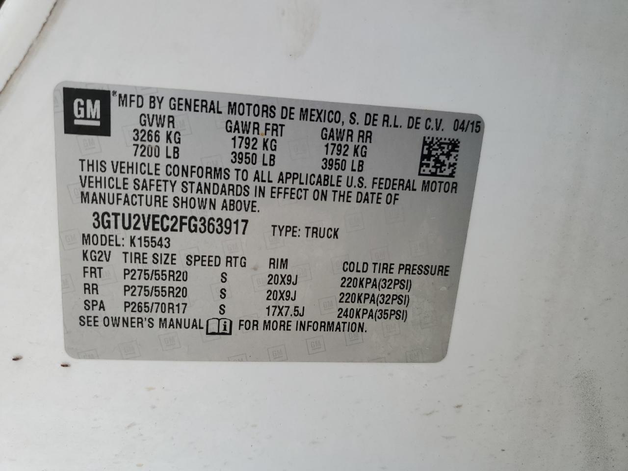 2015 GMC Sierra K1500 Slt VIN: 3GTU2VEC2FG363917 Lot: 86153935