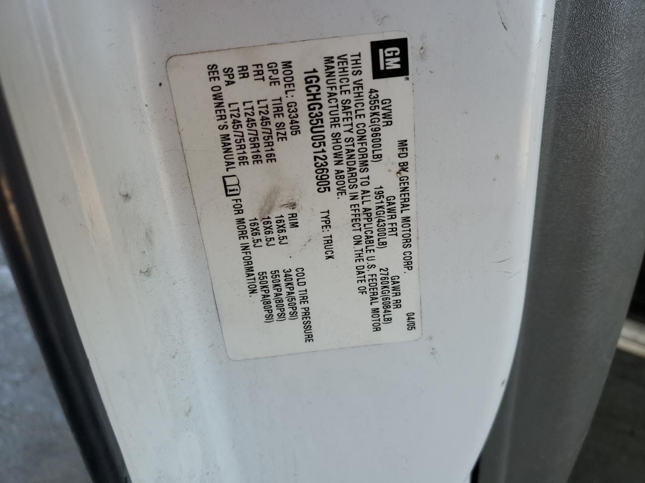 2005 Chevrolet Express G3500 VIN: 1GCHG35U051236905 Lot: 81986395