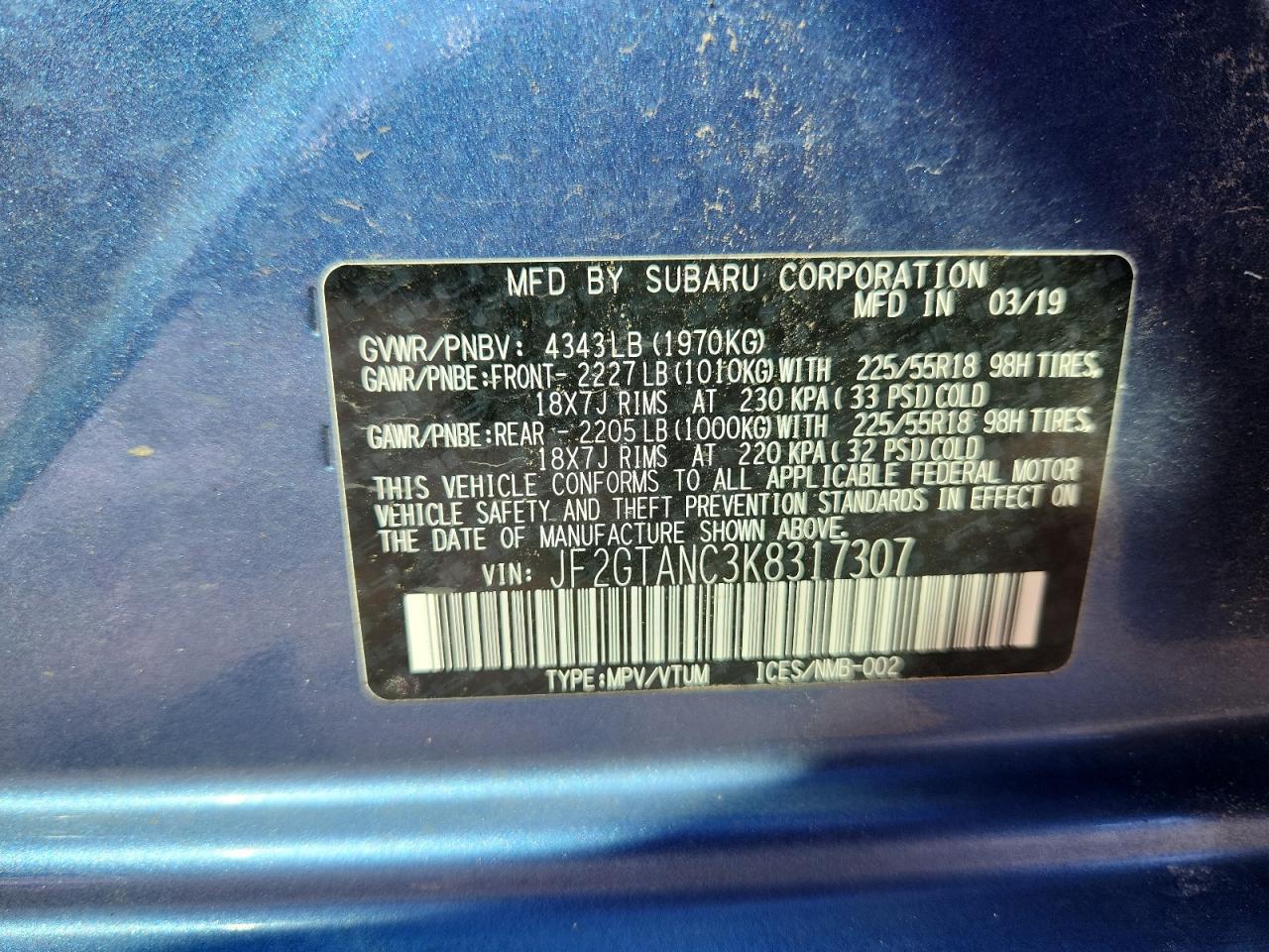 2019 Subaru Crosstrek Limited VIN: JF2GTANC3K8317307 Lot: 85173555