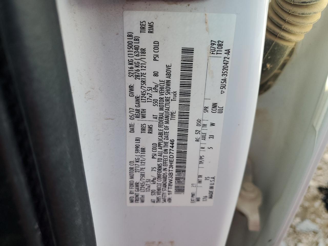 2017 Ford F350 Super Duty VIN: 1FT8W3BT3HED77446 Lot: 86827485