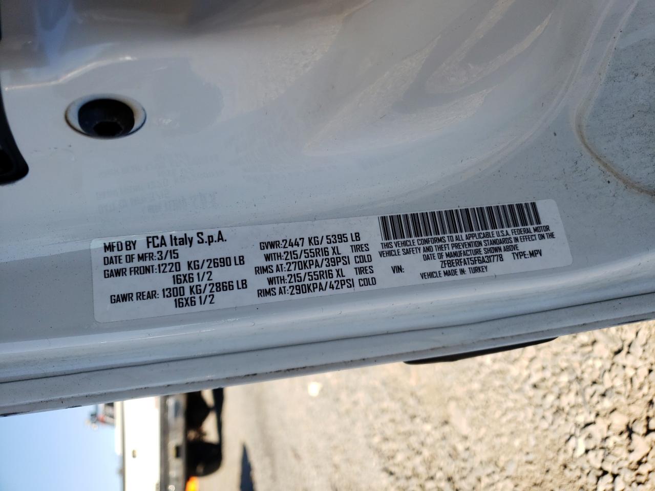 2015 Ram Promaster City Utility / Service Van VIN: ZFBERFAT5F6A31778 Lot: 90104475