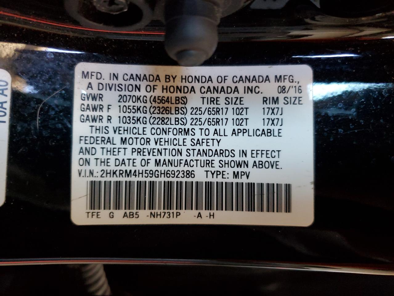 2016 Honda Cr-V Ex VIN: 2HKRM4H59GH692386 Lot: 86101955