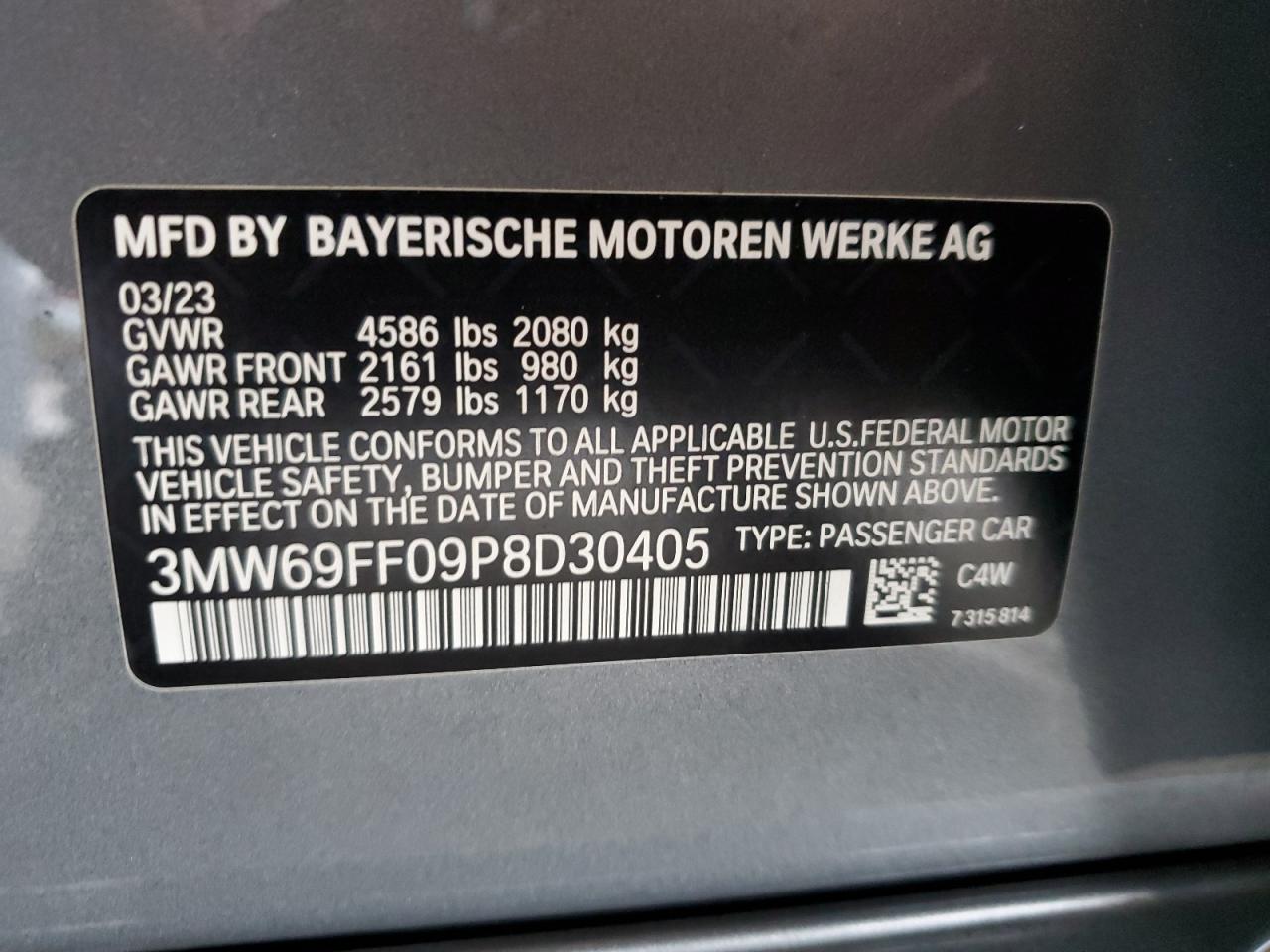 2023 BMW 330I VIN: 3MW69FF09P8D30405 Lot: 84073905