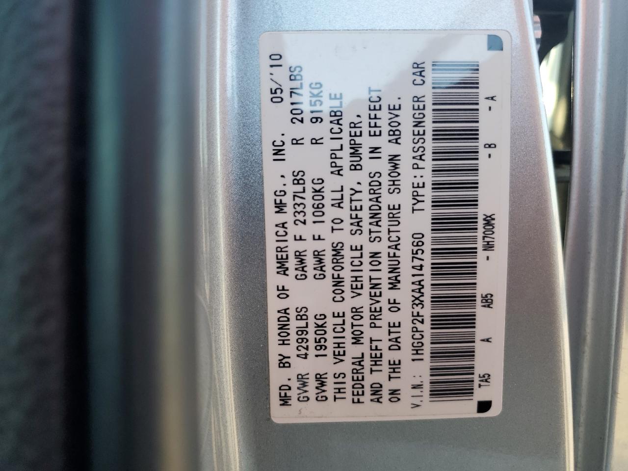 2010 Honda Accord Lx VIN: 1HGCP2F3XAA147560 Lot: 85183095