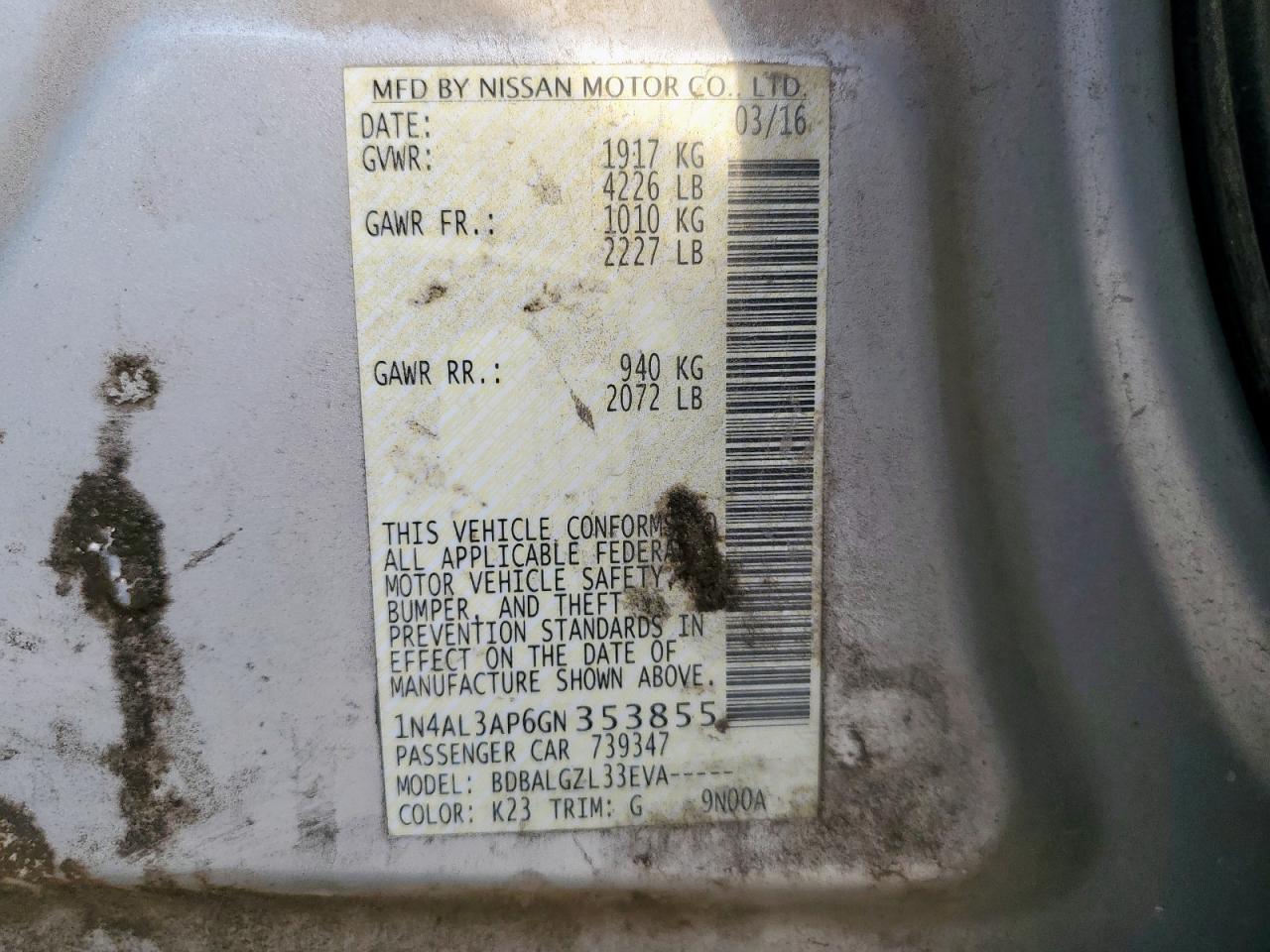 2016 Nissan Altima 2.5 VIN: 1N4AL3AP6GN353855 Lot: 82401575