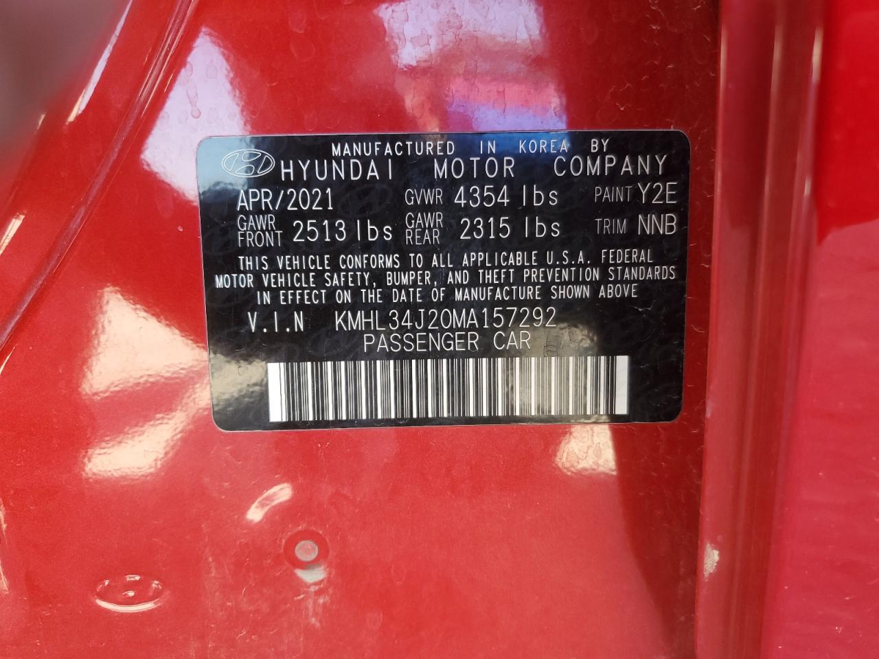 2021 Hyundai Sonata Limited VIN: KMHL34J20MA157292 Lot: 85190995