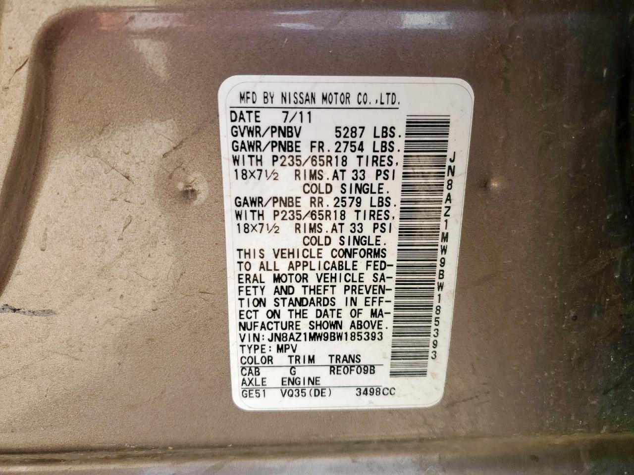 2011 Nissan Murano S VIN: JN8AZ1MW9BW185393 Lot: 85168735