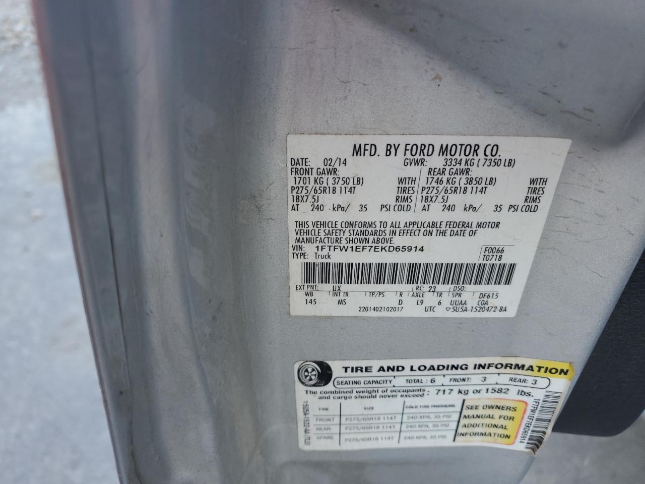 2014 Ford F150 Supercrew VIN: 1FTFW1EF7EKD65914 Lot: 89678365