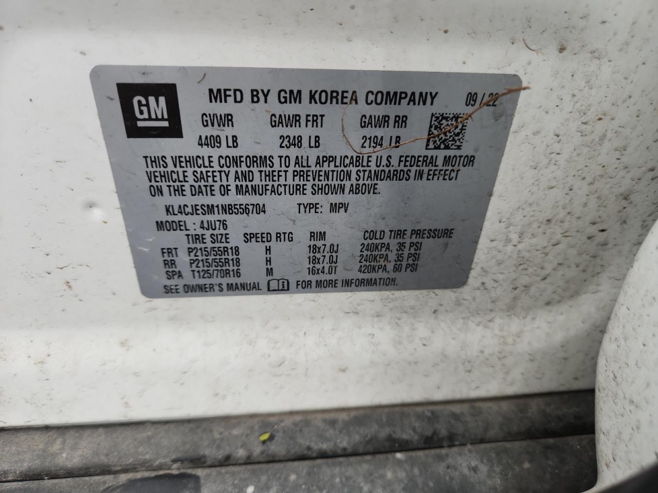 2022 Buick Encore Preferred VIN: KL4CJESM1NB556704 Lot: 82750615