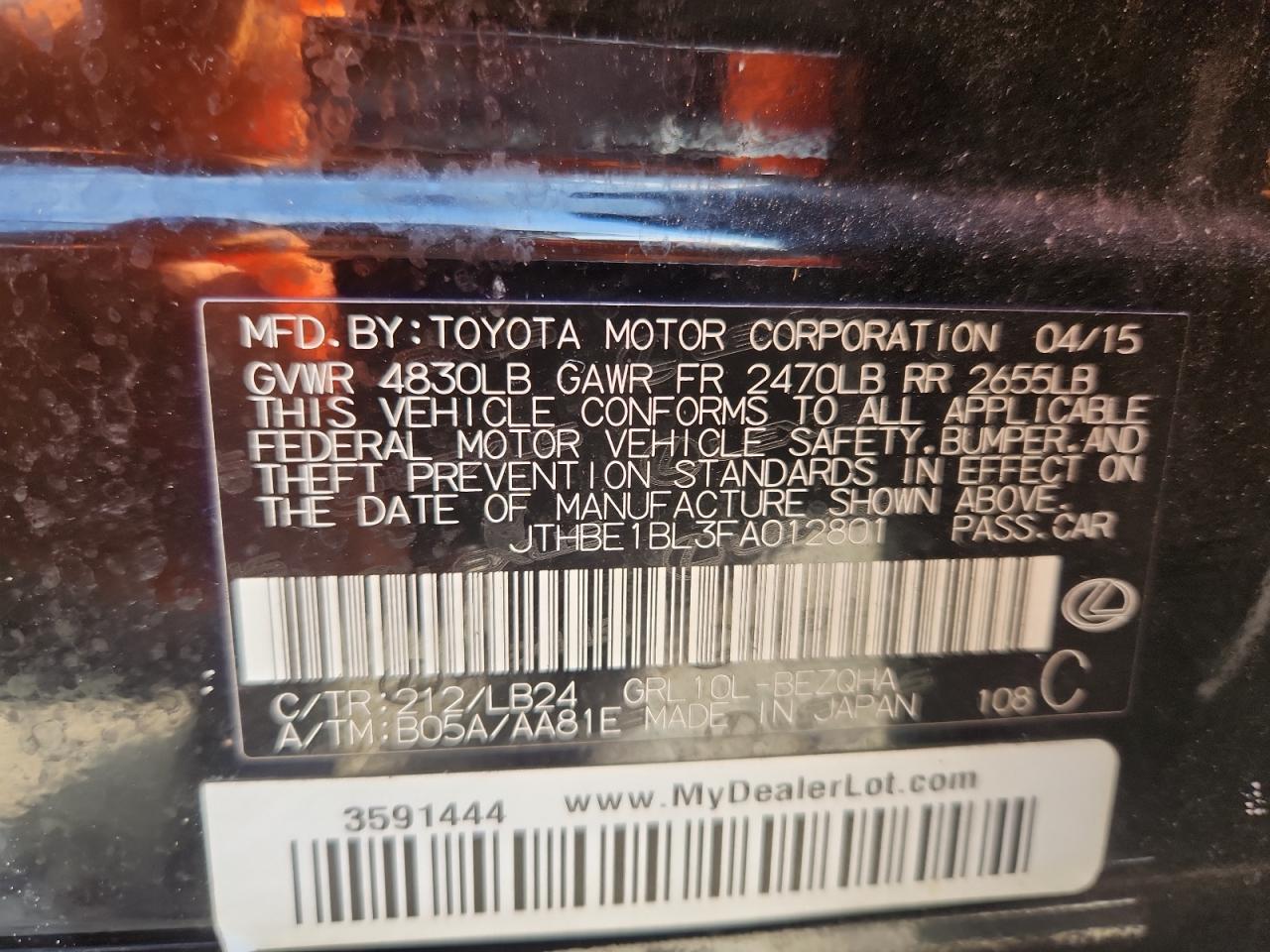 2015 Lexus Gs 350 VIN: JTHBE1BL3FA012801 Lot: 85879335