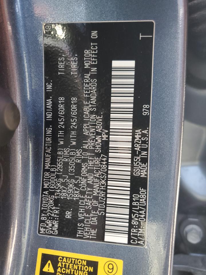 2019 Toyota Highlander Se VIN: 5TDJZRFH3KS708447 Lot: 84009555