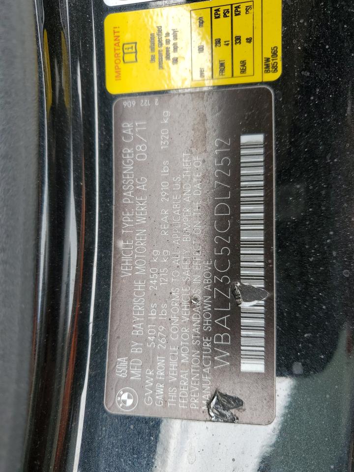 2012 BMW 650 I VIN: WBALZ3C52CDL72512 Lot: 82645155