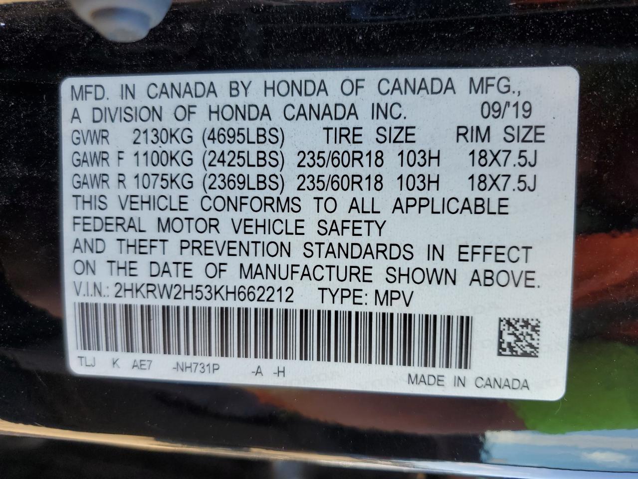 2019 Honda Cr-V Ex VIN: 2HKRW2H53KH662212 Lot: 85317865