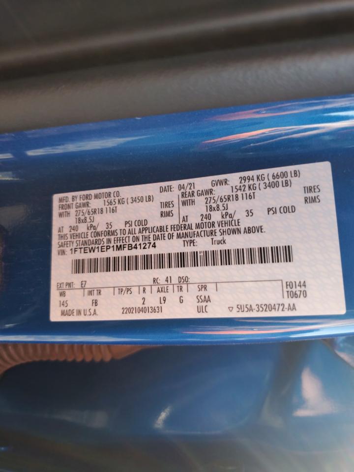 2021 Ford F150 Supercrew VIN: 1FTEW1EP1MFB41274 Lot: 90460685