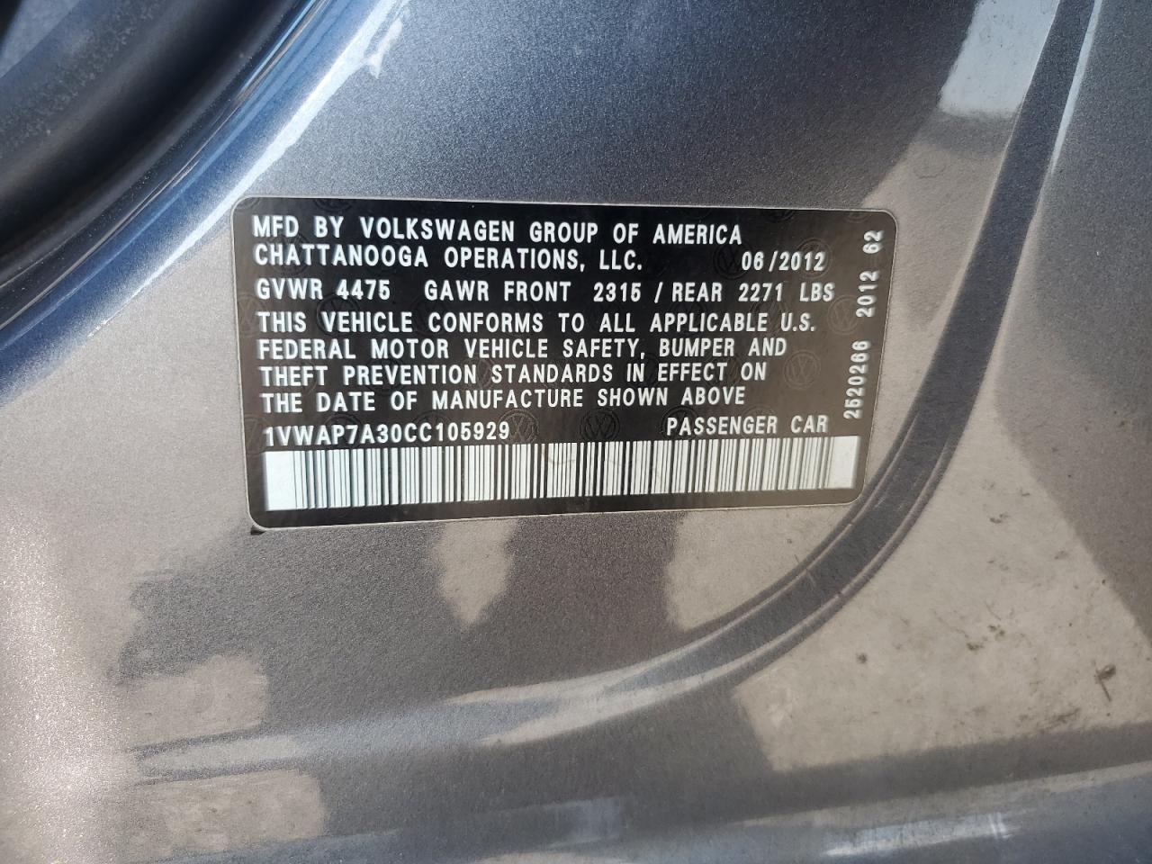 2012 Volkswagen Passat S VIN: 1VWAP7A30CC105929 Lot: 85496895