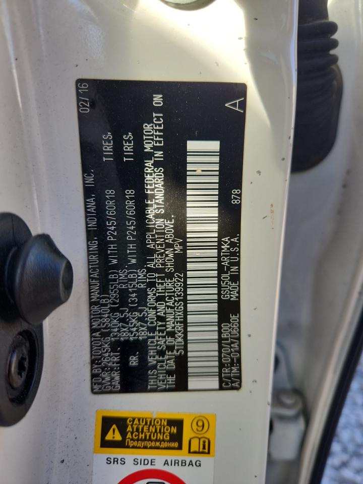 2016 Toyota Highlander Xle VIN: 5TDKKRFHXGS139922 Lot: 86477025