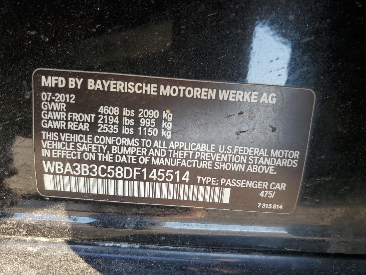 2013 BMW 328 Xi VIN: WBA3B3C58DF145514 Lot: 81854635