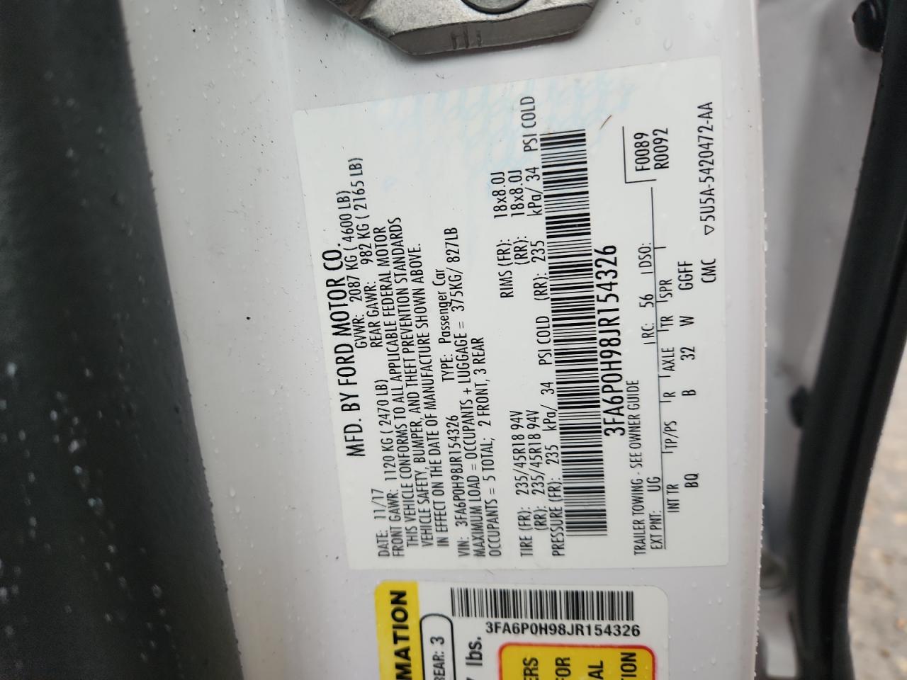 2018 Ford Fusion Se VIN: 3FA6P0H98JR154326 Lot: 93039225