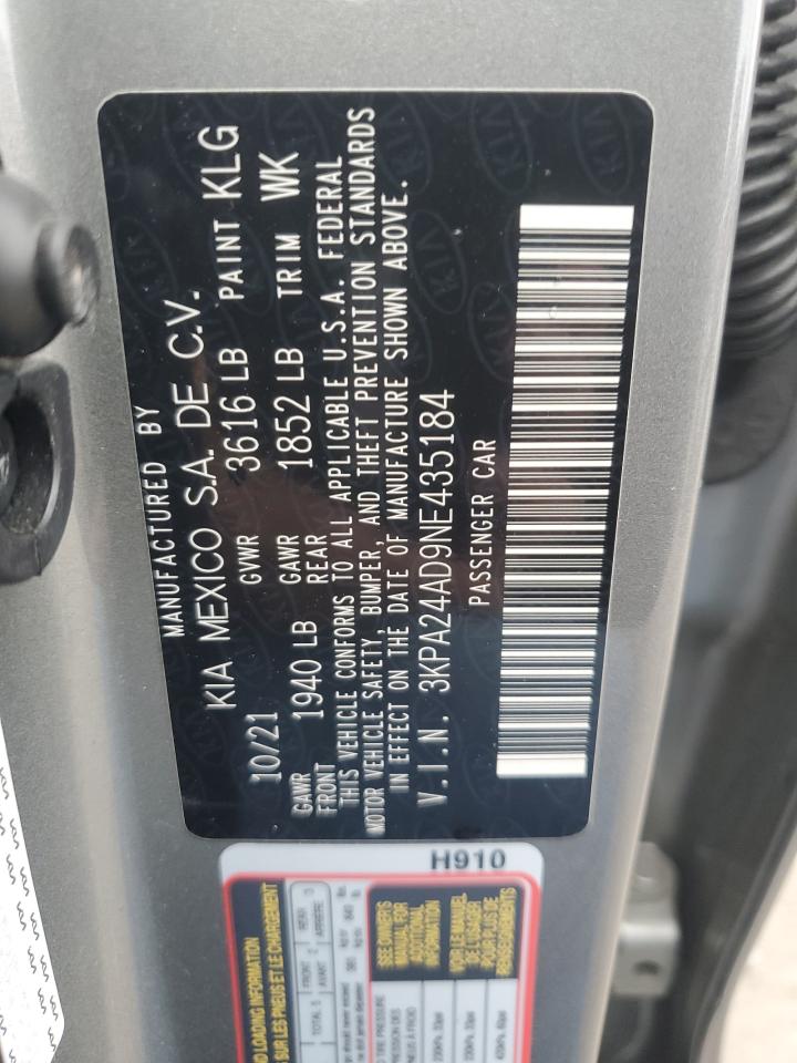 2022 Kia Rio Lx VIN: 3KPA24AD9NE435184 Lot: 86082935