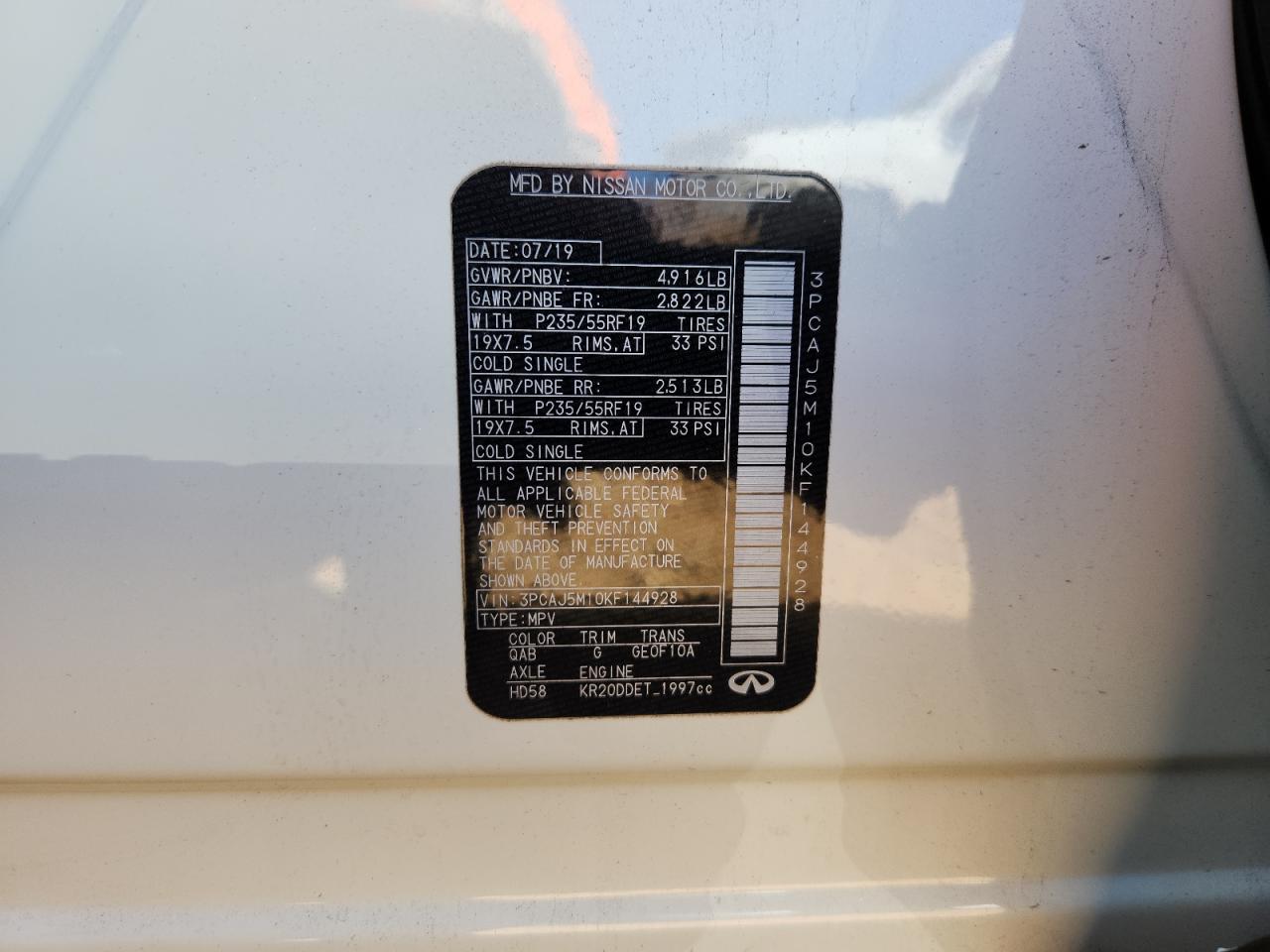 2019 Infiniti Qx50 Essential VIN: 3PCAJ5M10KF144928 Lot: 85259685