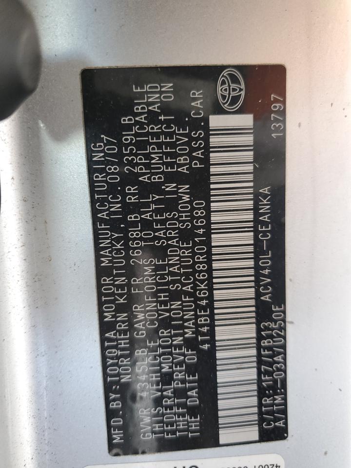 2008 Toyota Camry Ce VIN: 4T4BE46K68R014680 Lot: 82179585