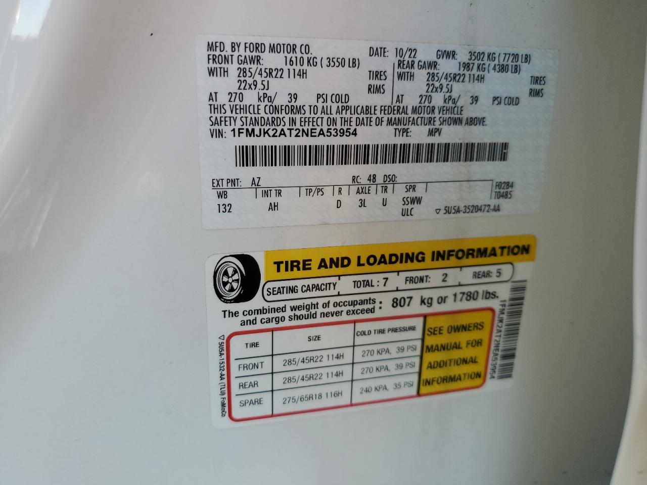 2022 Ford Expedition Max Limited VIN: 1FMJK2AT2NEA53954 Lot: 86168625