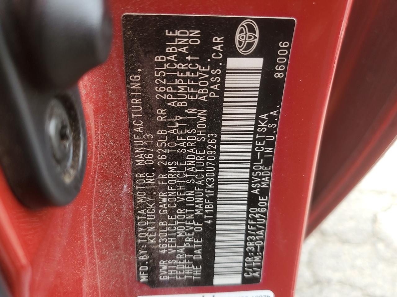 2013 Toyota Camry L VIN: 4T1BF1FK3DU709263 Lot: 89674055