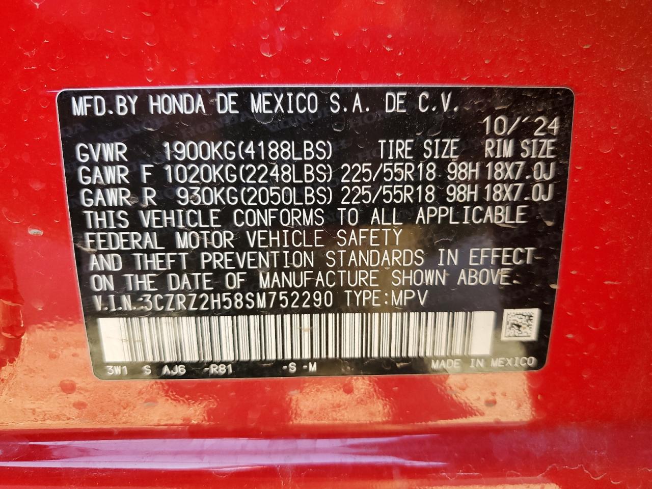 2025 Honda Hr-V Sport VIN: 3CZRZ2H58SM752290 Lot: 85279055