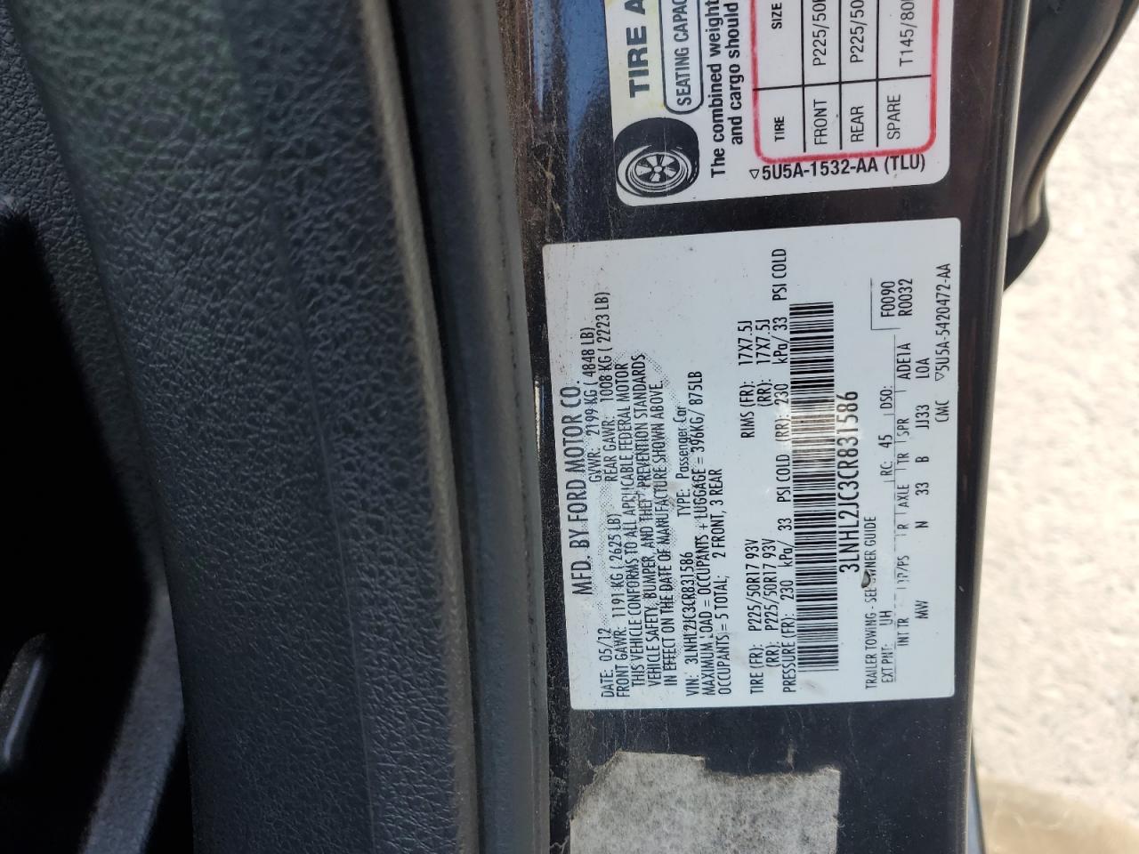 2012 Lincoln Mkz VIN: 3LNHL2JC3CR831586 Lot: 82179015