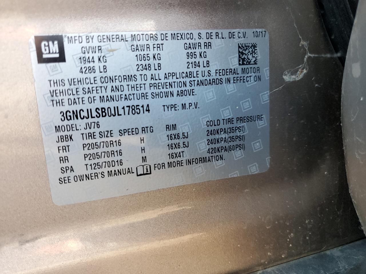 2018 Chevrolet Trax 1Lt VIN: 3GNCJLSB0JL178514 Lot: 87379865