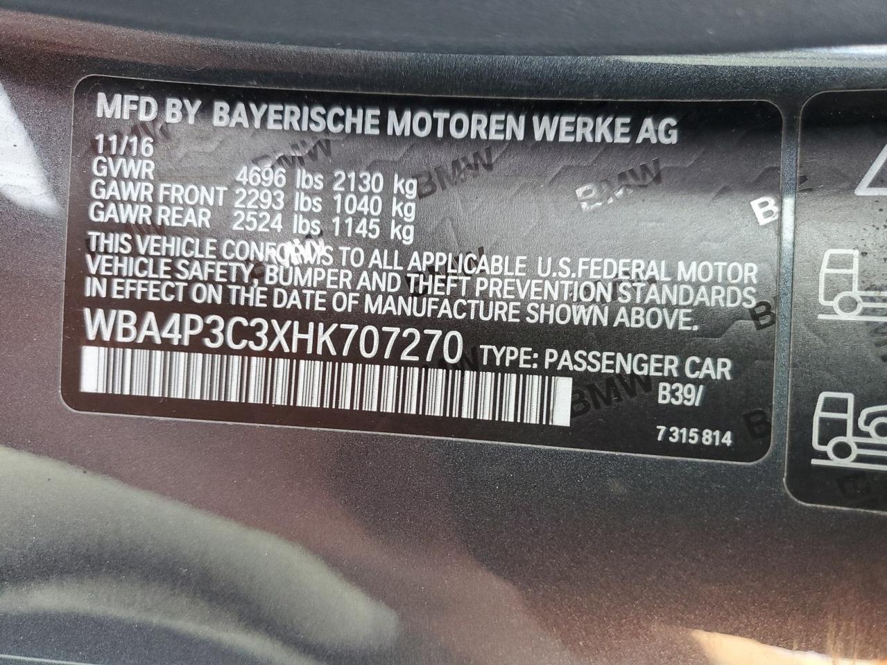2017 BMW 440Xi VIN: WBA4P3C3XHK707270 Lot: 89483995